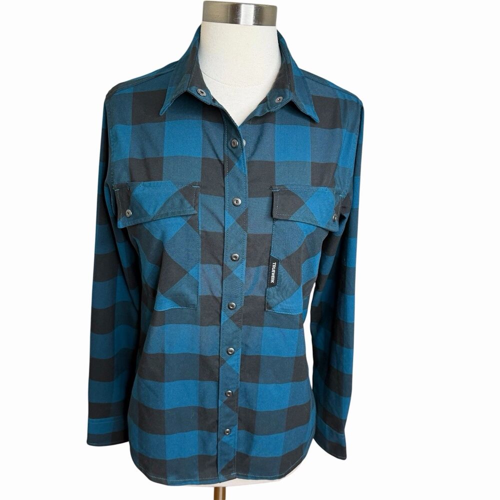 Truewerk Tech Flannel Plaid Shirt Womens Small Blue Check Snap Front Workwear